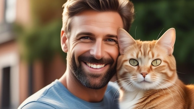 A handsome man smiles hugs and loves his red fluffy cat A pet owner is happy to have a friend