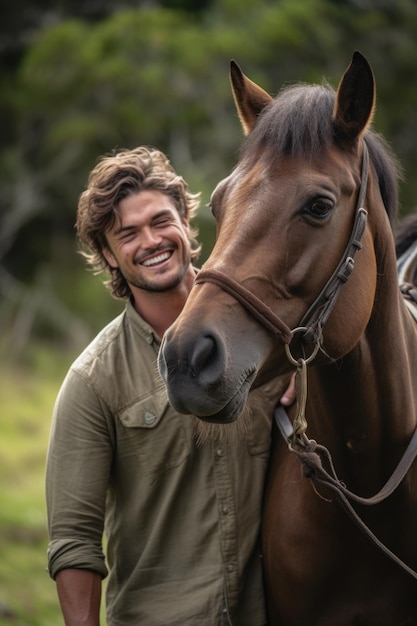 A handsome man smiling while his horse grazes in the foreground