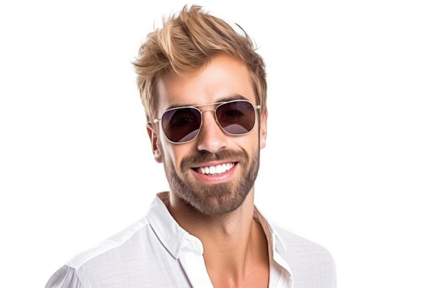 Handsome man in sunglasses with a smile isolated on white created with generative ai