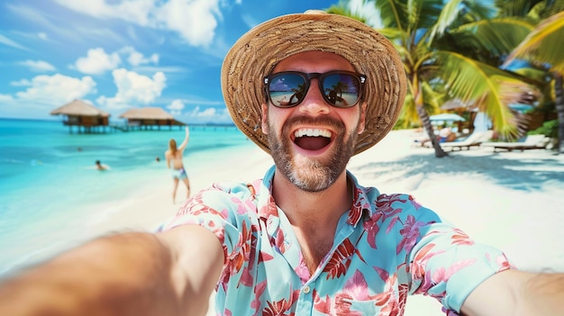 A handsome man takes a festive selfie on a tropical island with palm trees in the background