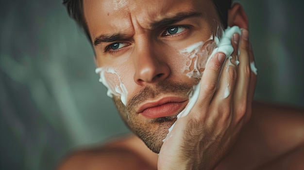 Handsome man taking care of face skin after shaving Banner background design