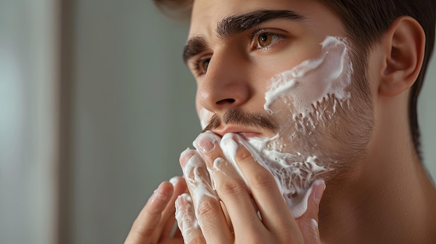 Handsome man taking care of face skin after shaving Banner background design