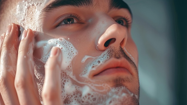 Handsome man taking care of face skin after shaving Banner background design