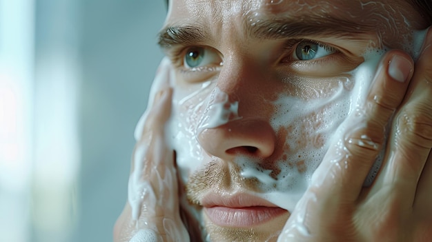 Handsome man taking care of face skin after shaving Banner background design