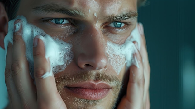 Handsome man taking care of face skin after shaving Banner background design