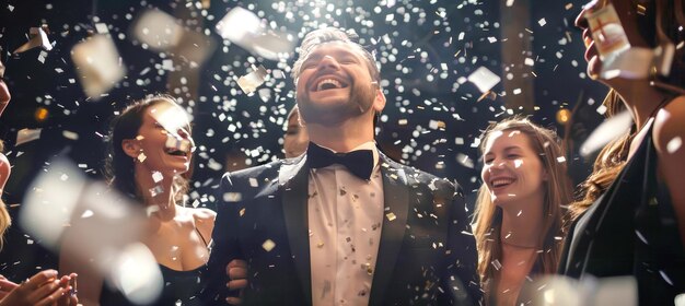 Photo a handsome man in a tuxedo stands surrounded by smiling women all showered in confetti at a vibrant luxurious party