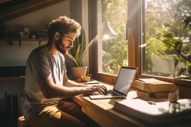 Photo handsome man typing on laptop computer in loft apartment sunny day outside creative male checking