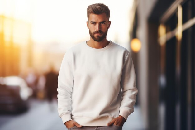 Photo handsome man wearing a clean white sweatshirt on a light blurred background outdoors sweatshirt mockup concept of urban fashion street style template for design