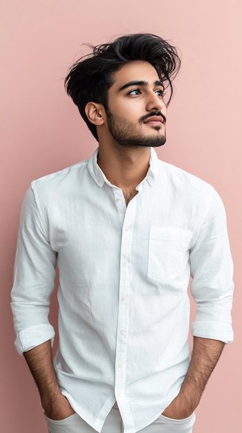 Handsome man in white shirt pink background