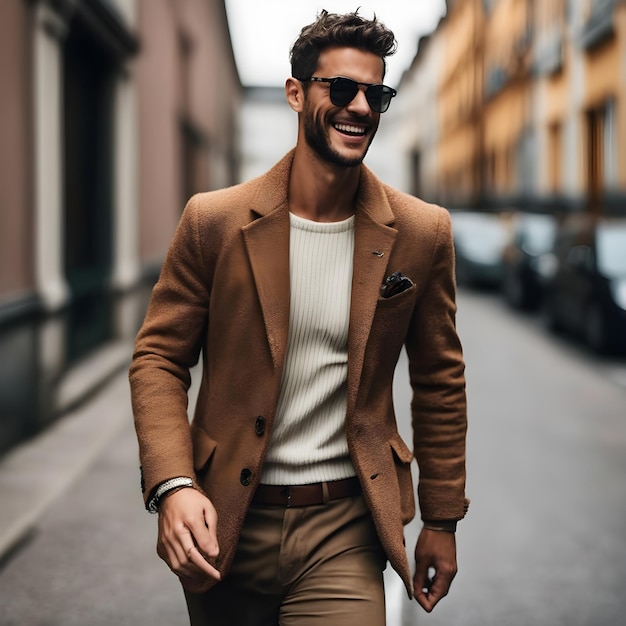 handsome man in winter jacket posing in the street