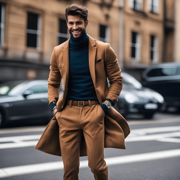 handsome man in winter jacket posing in the street