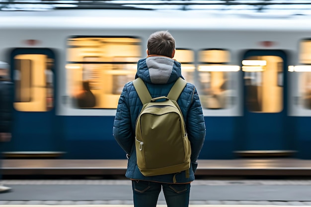 Photo handsome man with backpack behind stands in front of the open doors of the subway and waiting for next train