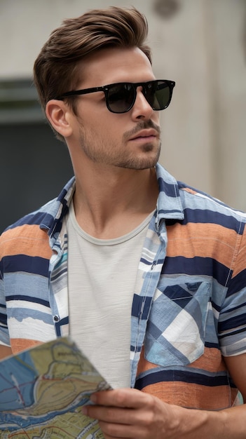 Handsome man with black sunglasses in cool summer shirt and light shirt looking away and holding ma