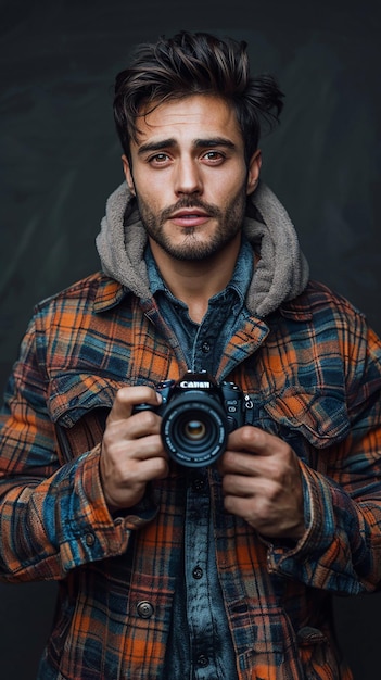 Handsome Man with Camera in Studio