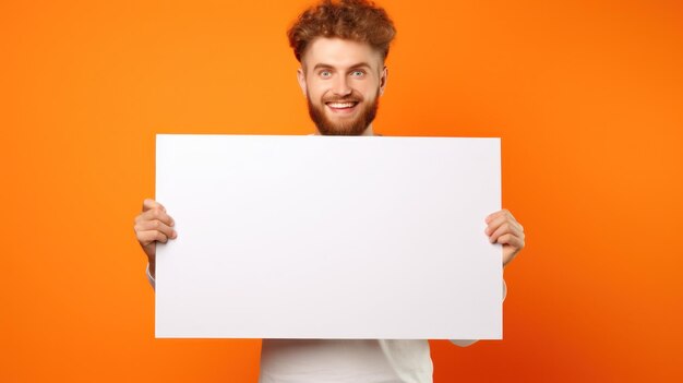 Handsome man with empty blank paper on minimalist background