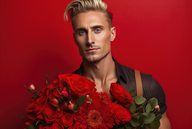 Handsome man with flowers bouquet on red background Generative AI