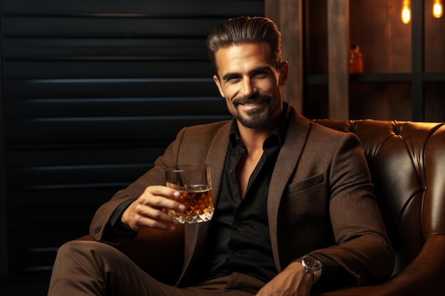 Handsome man with glass of whiskey at home