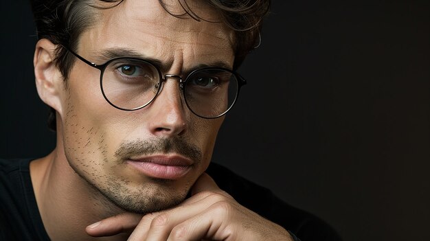 Photo handsome man with glasses thinking style photorealistic