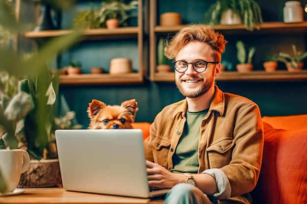 Handsome man with small dog is working on laptop at cafe on sustainable interior