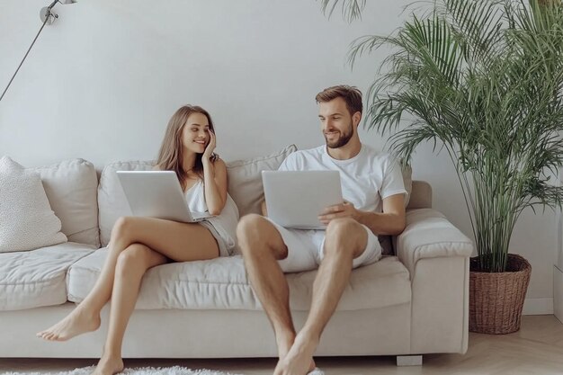 Photo handsome man working on laptop in living room and girlfriend relaxing on sofa talking on her phone