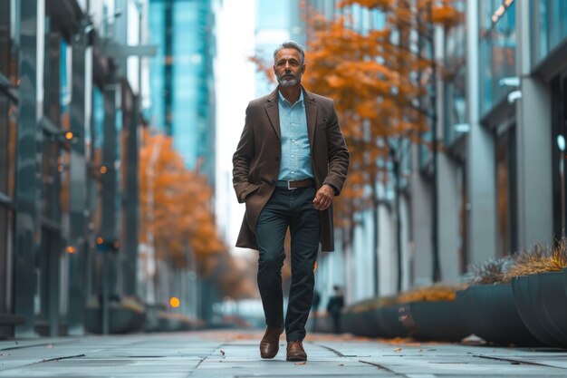 Photo a handsome mature business man is walking through the city street near the office building