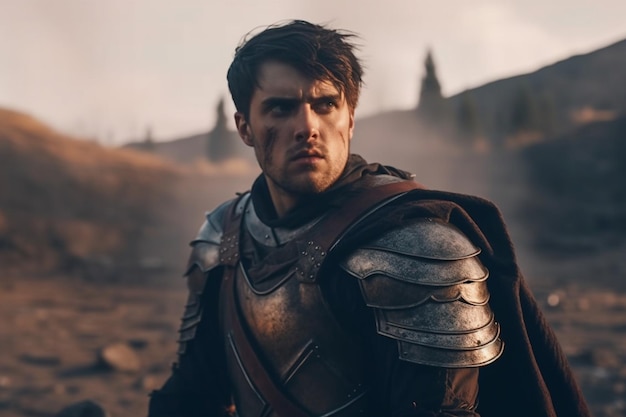 Handsome Medieval Knight King on Battlefield Looking at Camera Portrait of Mighty Warrior Soldier