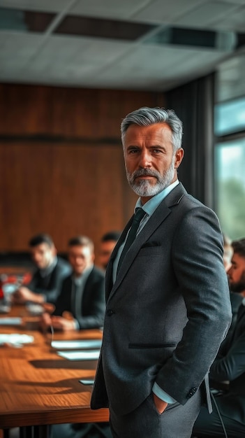 A handsome middle aged man in an expensive suit standing confidently at the head of his team celebrating boss day team leadership executive presence