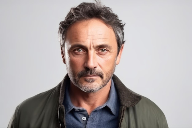 handsome middle aged man looking in camera serious face standing against white background