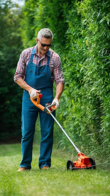 Handsome middle aged man trimming grass with electric mower in garden at day using lawn trimmer