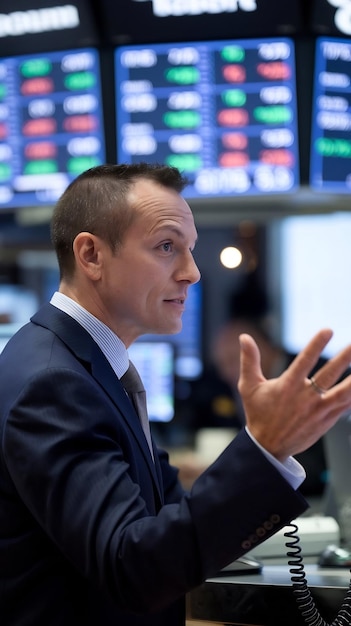 Handsome Middle Aged Stock Exchange Trader Following a Live Auction Communicating Buy and Sell Ord