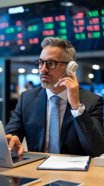 Handsome Middle Aged Stock Exchange Trader Following a Live Auction Communicating Buy and Sell Ord