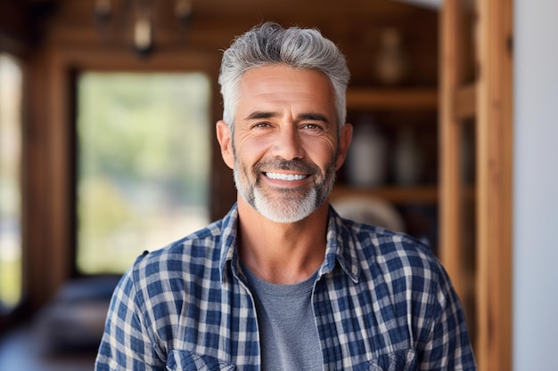 Handsome MiddleAged Man in a Plaid Shirt Smiling at the Camera with Casual Confidence Generative By Ai