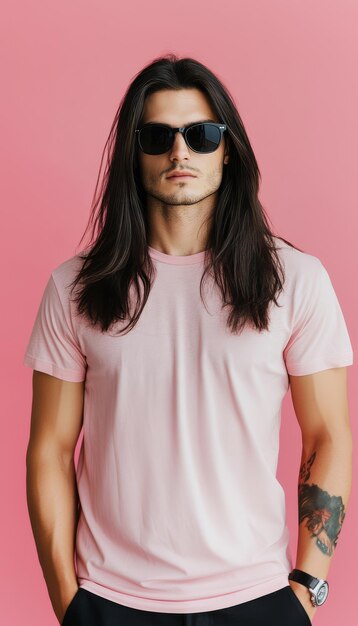 Photo handsome model poses confidently in a blank tshirt and sunglasses