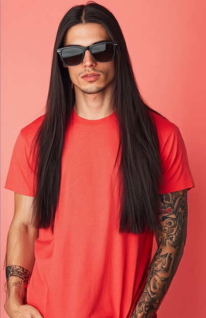 Handsome model poses confidently in a vibrant blank tshirt against a solid backdrop