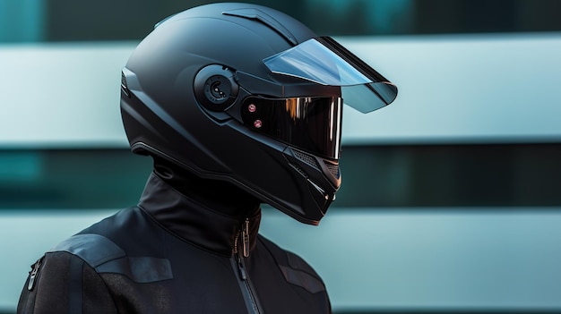 Handsome motorcyclist posing in a black helmet Generative AI