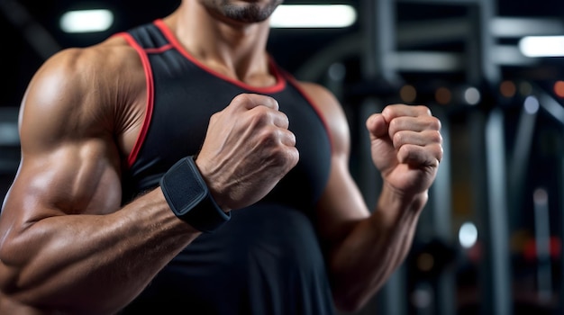 Handsome muscular man in fitness outfit on gym background Generative AI