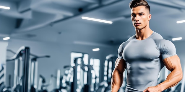 Handsome muscular man in fitness outfit on gym background with copy space banner generative ai