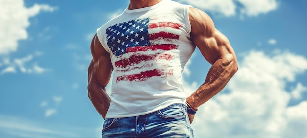 Photo handsome muscular man with an american flag on his chest