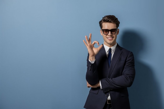 Handsome office corporate man showing Ok sign flat background empty space beside