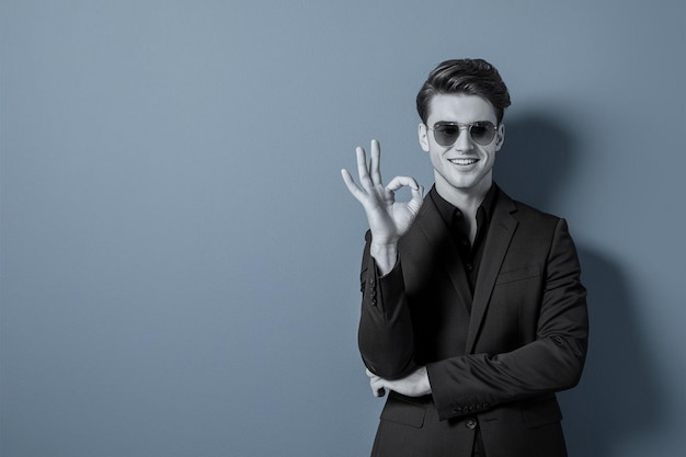 Handsome office corporate man showing Ok sign flat background empty space beside