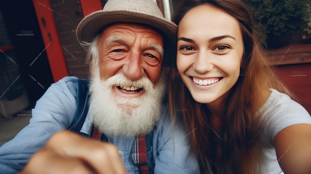 Handsome old man and beautiful young girl are hugging looking at camera and smiling