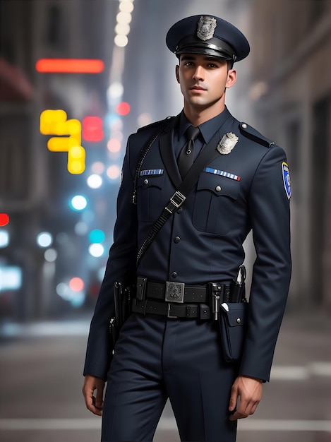 Handsome policeman walking in the city ai generative