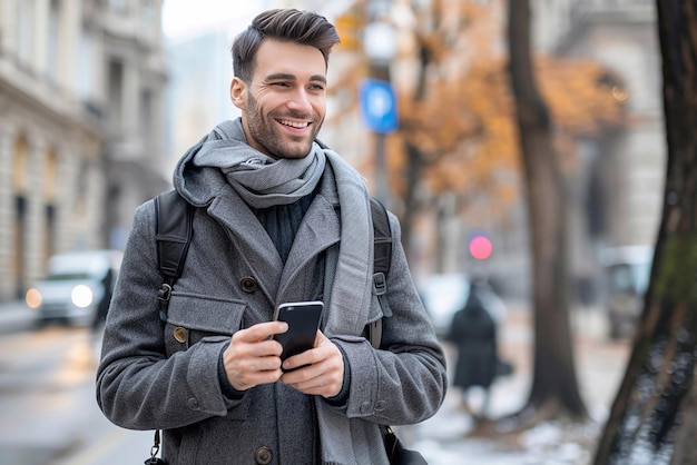 Handsome professional male walking in the city using his phone