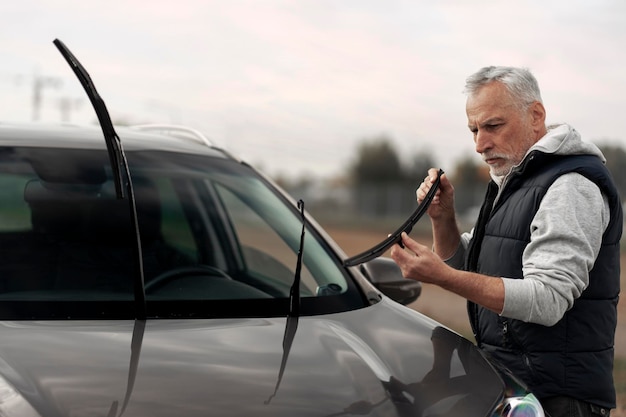 Handsome senior man driver is changing windscreen wipers on a car station