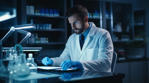 Photo a handsome serious scientist man wearing a medical gown and gloves uses a tablet for analysis in a modern research laboratory biotechnology modern technology concepts