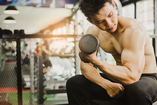 A handsome and shapely Asian man lifting dumbbells and looking up at the arm muscles in a fitness gym.