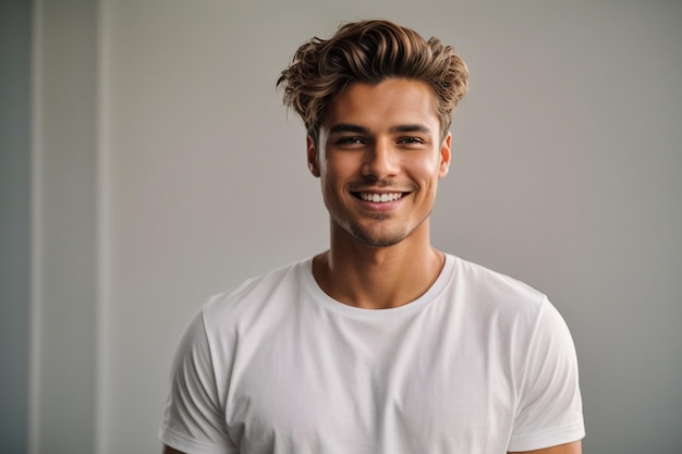 Handsome and smiley face young man in white tshirt isolated