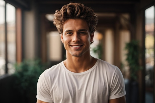 Handsome and smiley face young man in white tshirt isolated