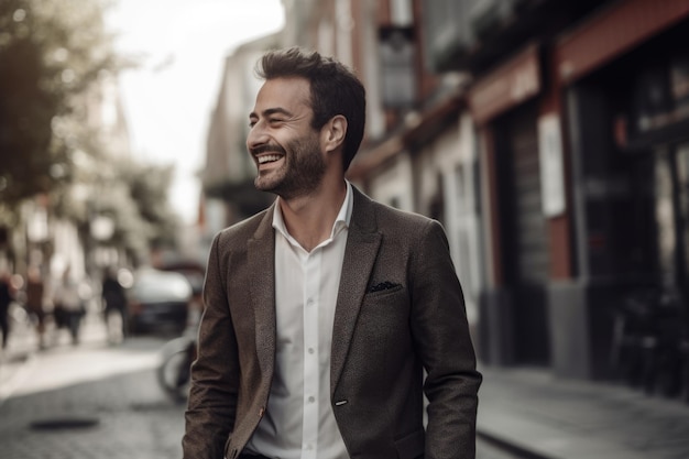 A handsome smiling businessman walking outdoor on city street Generative AI AIG21