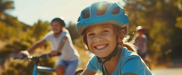 Handsome smiling girl in a blue helmet riding a bicycle with her family